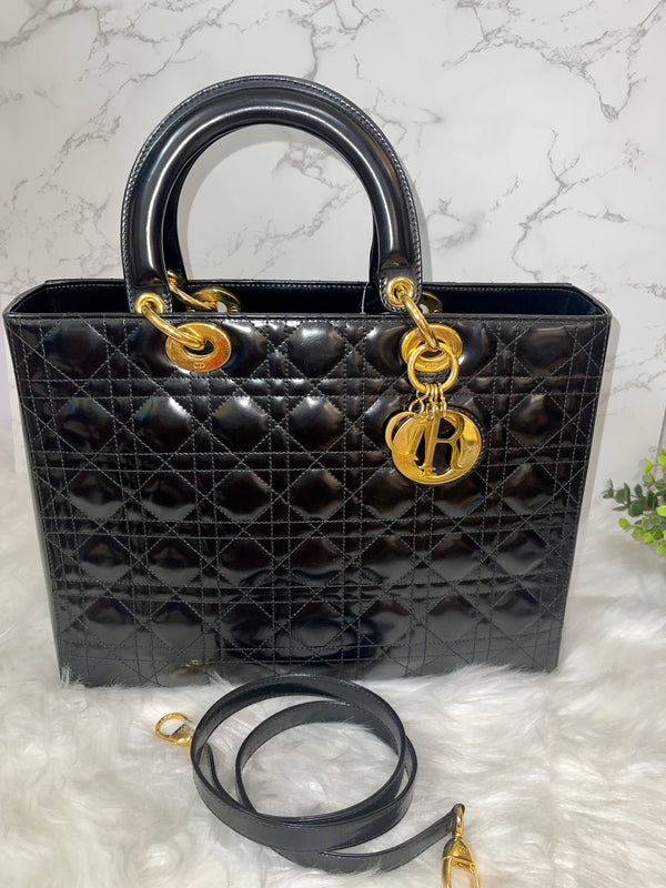 CHRISTIAN DIOR Lady Dior Black Patent Large