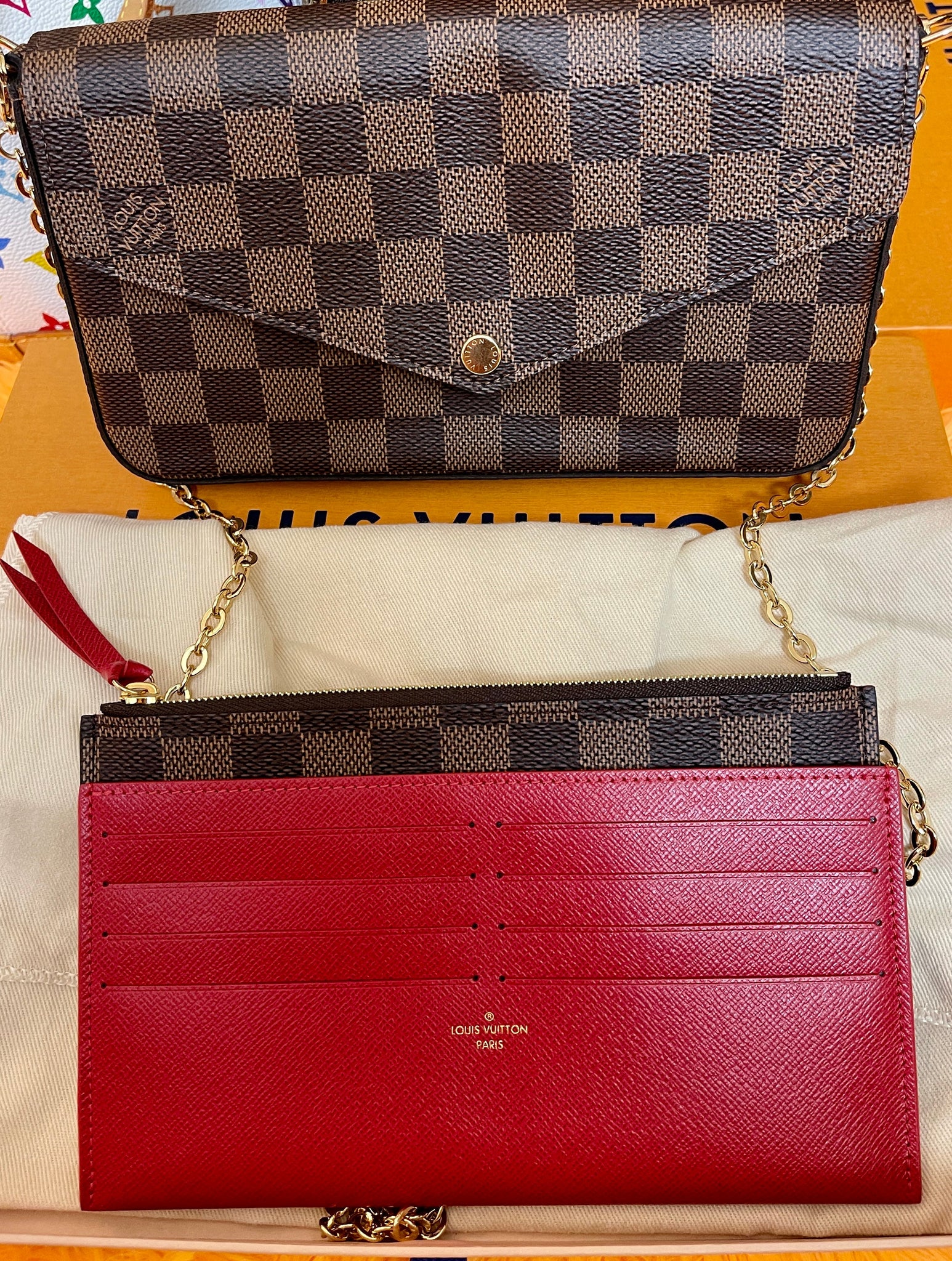 Felicie Damier Ebene Brown Red lining