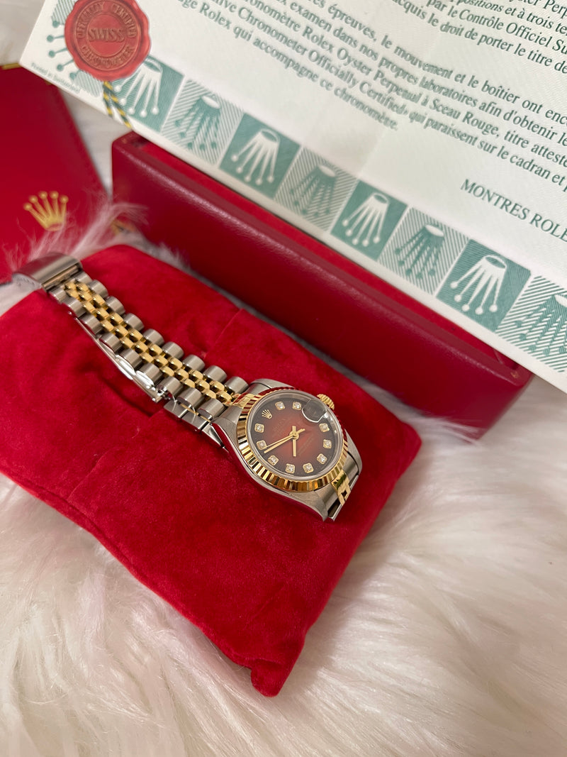 Rolex Datejust Steel Yellow Gold Red Vignette Diamond Ladies Watch 26 mm