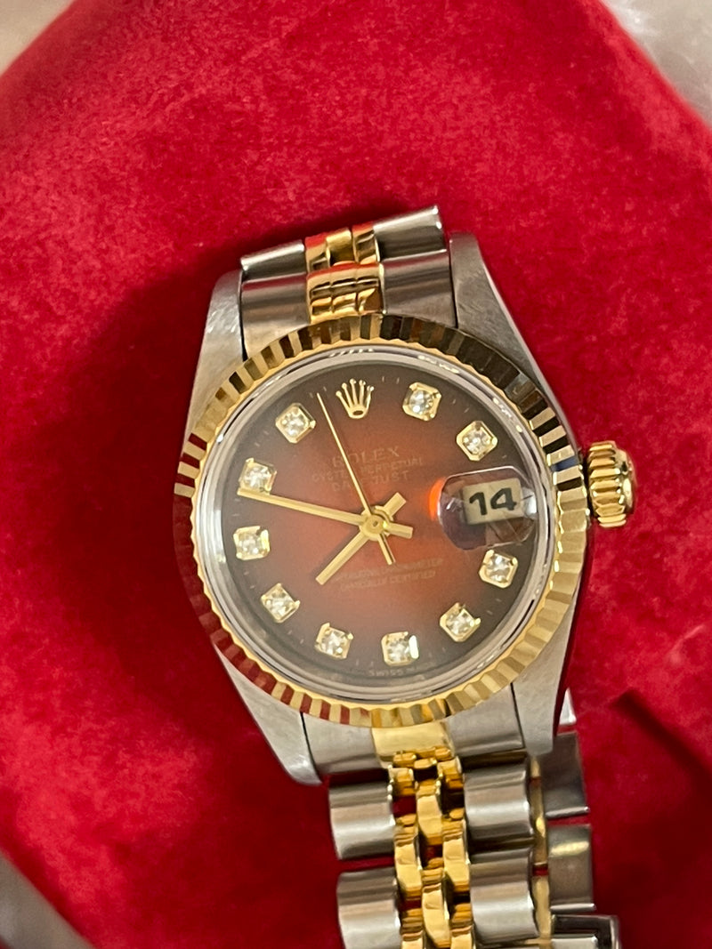 Rolex Datejust Steel Yellow Gold Red Vignette Diamond Ladies Watch 26 mm