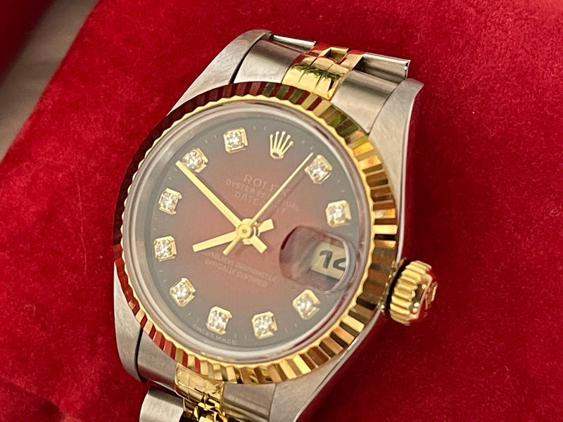 Rolex Datejust Steel Yellow Gold Red Vignette Diamond Ladies Watch 26 mm