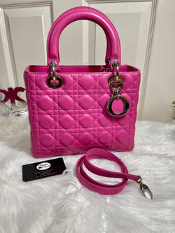 CHRISTIAN DIOR Lambskin Cannage Medium Lady Dior Pink