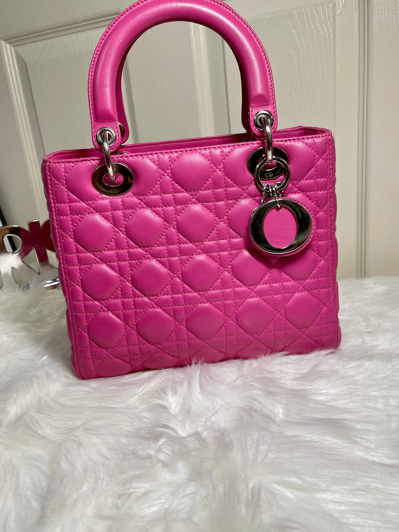 CHRISTIAN DIOR Lambskin Cannage Medium Lady Dior Pink