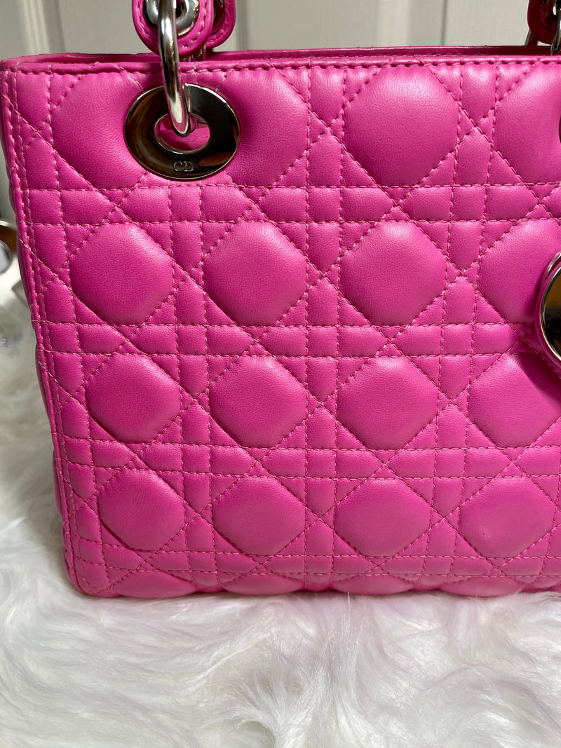 CHRISTIAN DIOR Lambskin Cannage Medium Lady Dior Pink