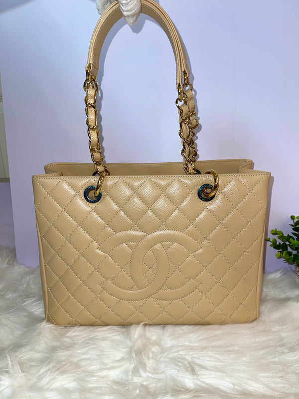 CHANEL Quilted Caviar Grand Shopping Tote GHW Beige