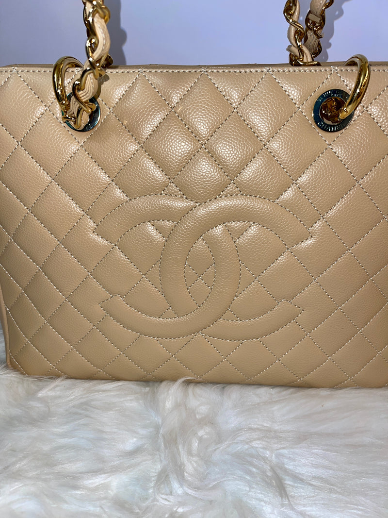 CHANEL Quilted Caviar Grand Shopping Tote GHW Beige