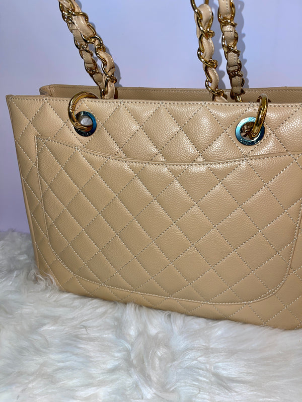 CHANEL Quilted Caviar Grand Shopping Tote GHW Beige