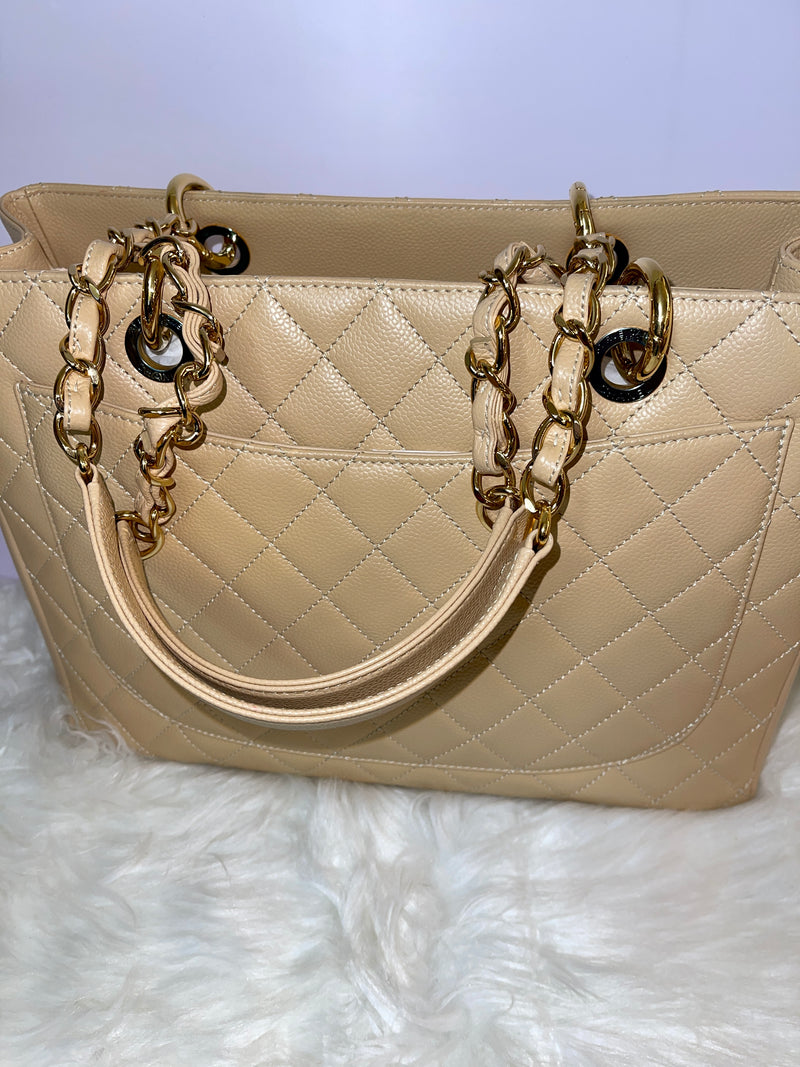 CHANEL Quilted Caviar Grand Shopping Tote GHW Beige