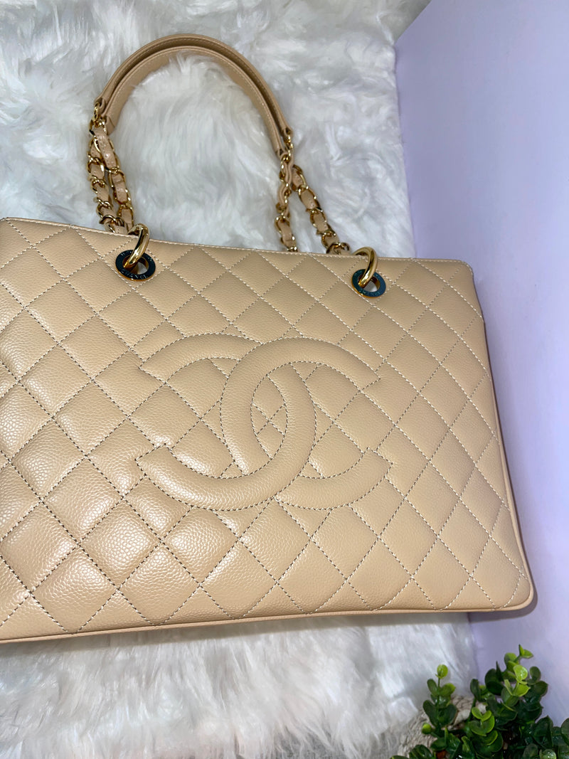 CHANEL Quilted Caviar Grand Shopping Tote GHW Beige