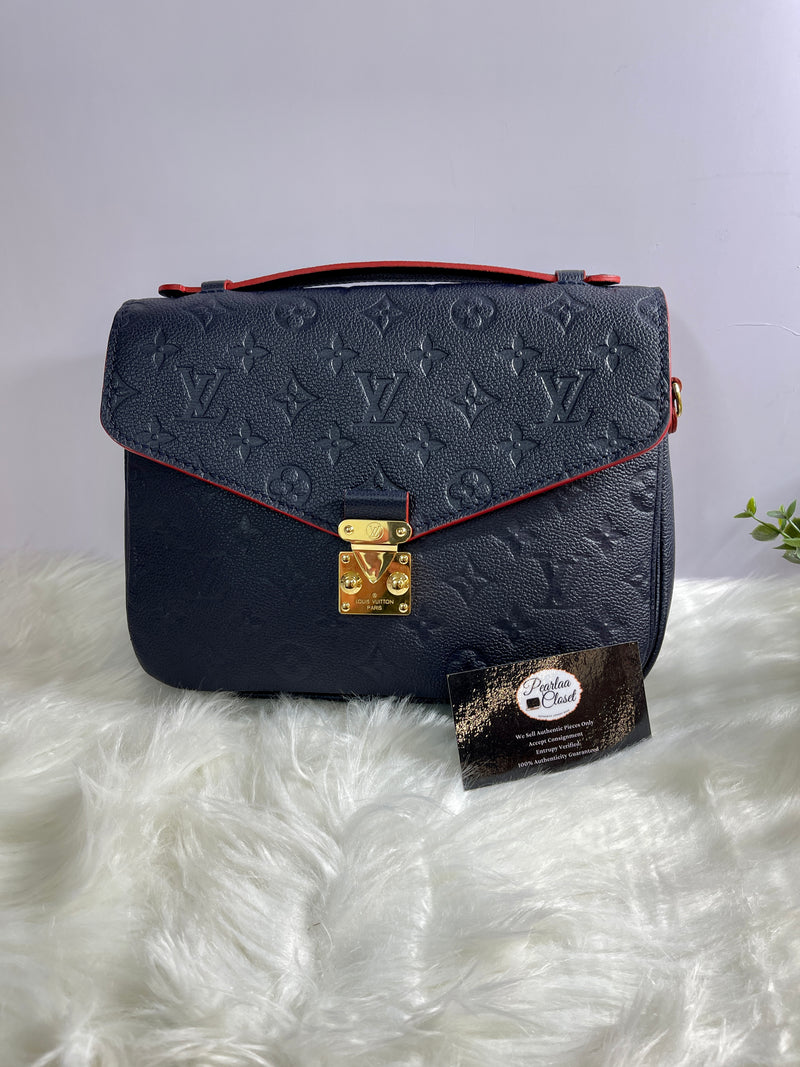 LOUIS VUITTON Blue Monogram Empreinte Leather Pochette Metis