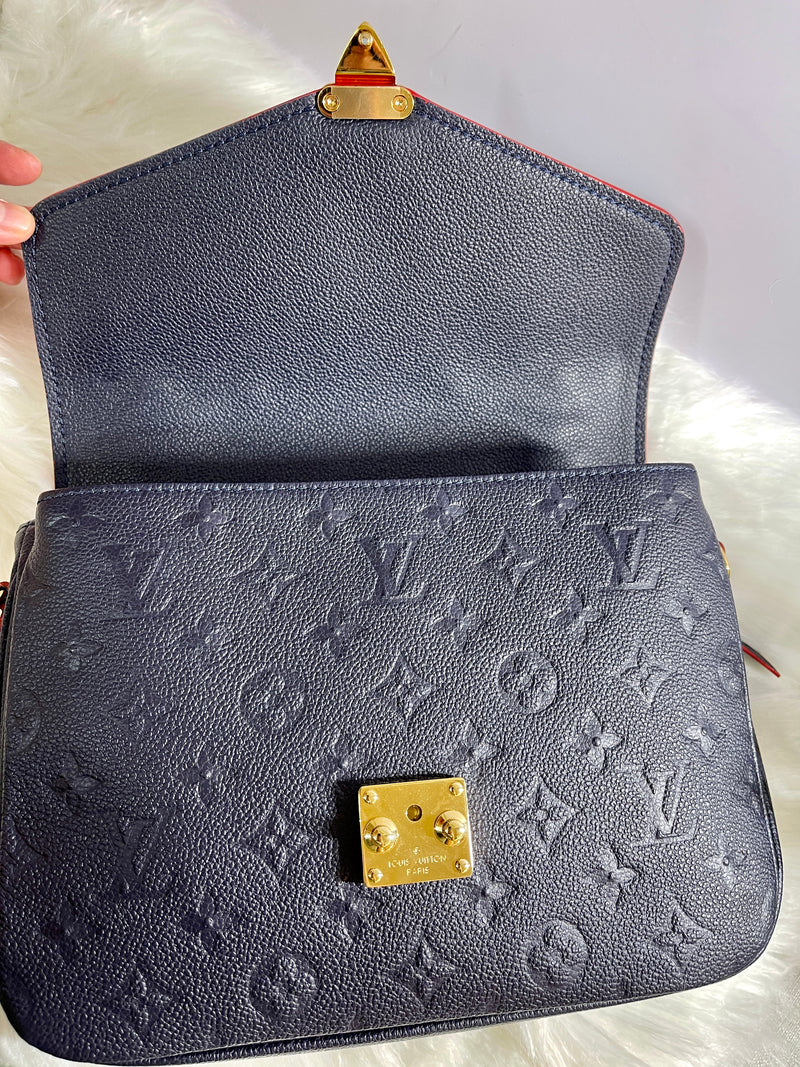 LOUIS VUITTON Blue Monogram Empreinte Leather Pochette Metis