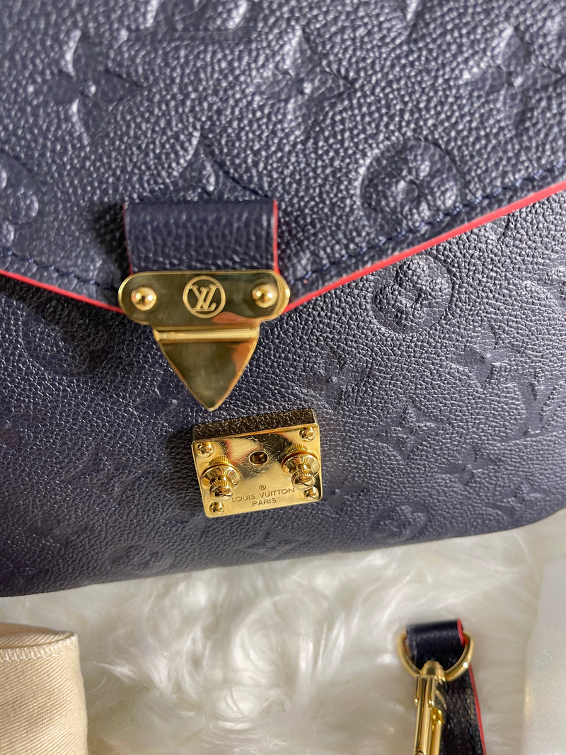 LOUIS VUITTON Blue Monogram Empreinte Leather Pochette Metis